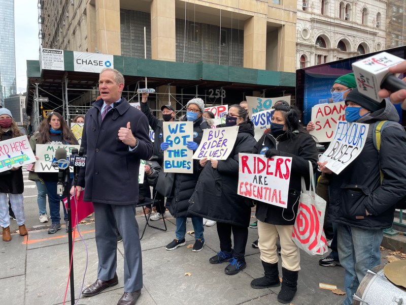 MTA Chairman Janno Lieber gesturing with his thumb to indicate which direction he wants state funding to transit to go. Photo: Dave Colon