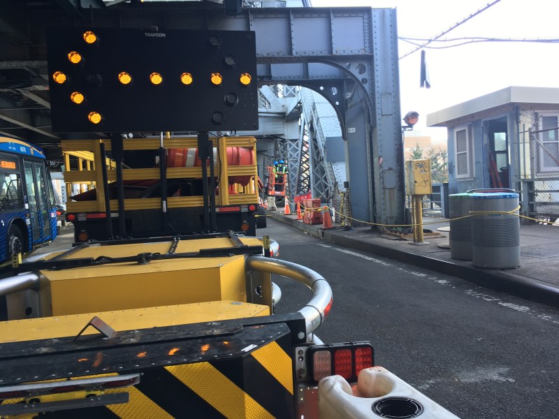 A lane and the sidewalk are closed for repairs on the southbound side of the Broadway Bridge in upper Manhattan. Photo: Eve Kessler