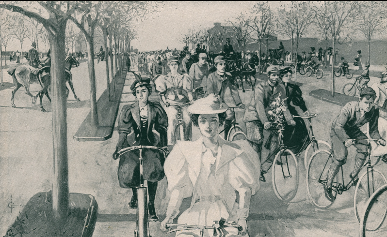 An illustration from the 1890s shows a healthy contingent of cyclists on Riverside Drive. Image: Courtesy Evan Friss