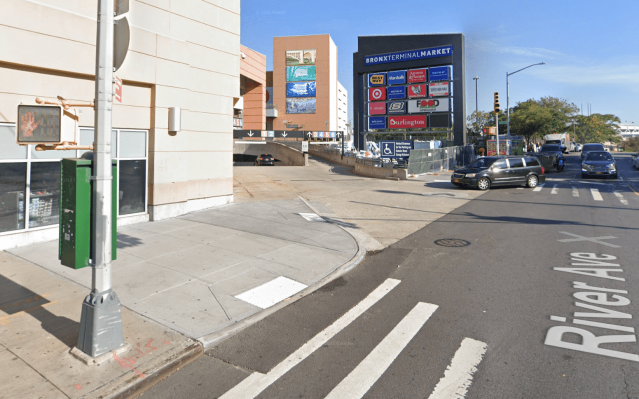 River Avenue and East 151st Street in the Bronx — at the entrance to a shopping mall’s parking garage. Photo: Google Street view