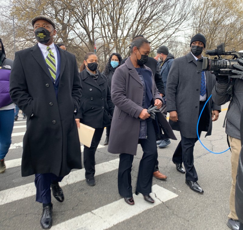 Here's Mayor Adams and NYPD Commissioner Keechant Sewell crossing Caton Avenue, which they could safety do because they were surrounded by other people. Photo: Gersh Kuntzman