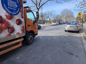 Many drivers speed through the intersection of 18th Street and 10th Avenue in Windsor Terrace because there is no stop sign. Parked cars limit drivers' vision of the side street. Photo: Gersh Kuntzman