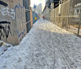 The Manhattan Bridge bike path was impassable until Monday afternoon. Photo: Michael Krantz via Twitter