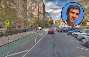 Here's the unprotected "protected" bike lane on Clinton Street with DOT Commissioner Ydanis Rodriguez (inset).