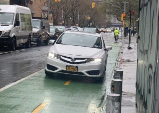 The Clinton Street bike lane between East Broadway and Henry streets is frequently blocked. File photo: Michelle Kuppersmith