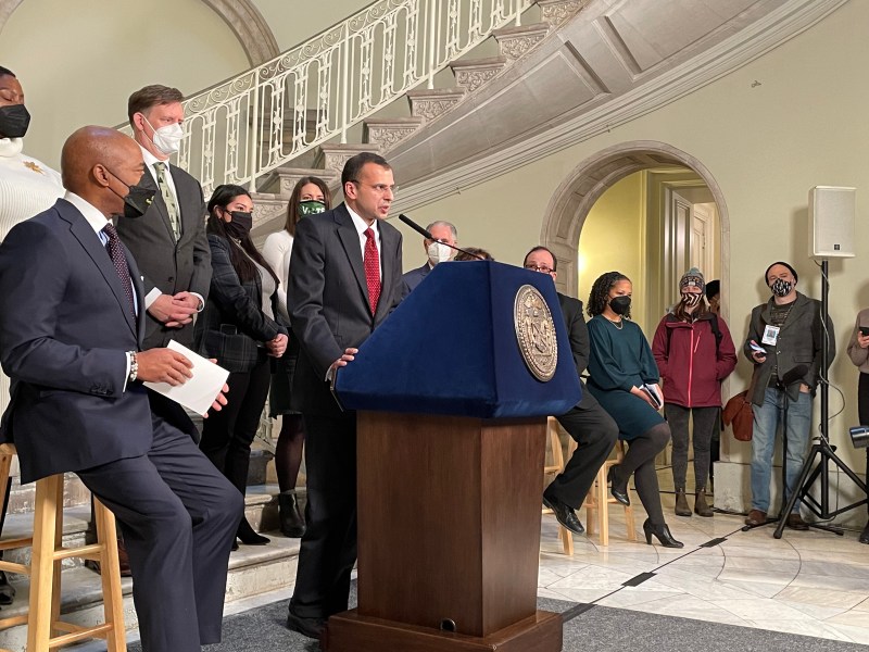 New Department of Environmental Protection Commissioner and Chief Climate Officer Rohit Aggarwala addresses the media at City Hall. Photo: Dave Colon