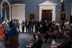 Mayor Adams with the mostly White press corps on Tuesday. Photo: Ed Reed/Mayoral Photography Office