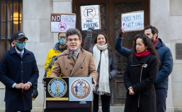Council Member Lincoln Restler, joined by Council Member Alexa Avilés and Borough President Antonio Reynoso, as well as advocates, to call on developers to eliminate parking requirements. Photo: Council Member Lincoln Restler's office