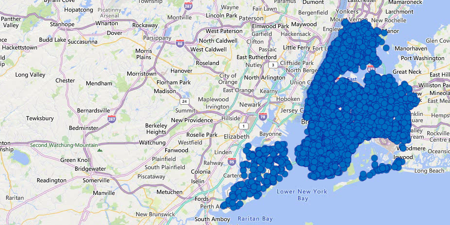 Pedestrian injuries are soaring this year. Each blue dot is an injured pedestrian. Map: NYPD