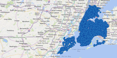 Pedestrian injuries are soaring this year. Each blue dot is an injured pedestrian. Map: NYPD