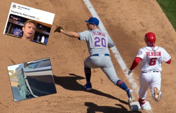 Pete Alonso miraculously escaped injury in a brutal car crash in Florida (lower left) and the Mets offered only prayers (top left). Main photo: David B. King via Flickr