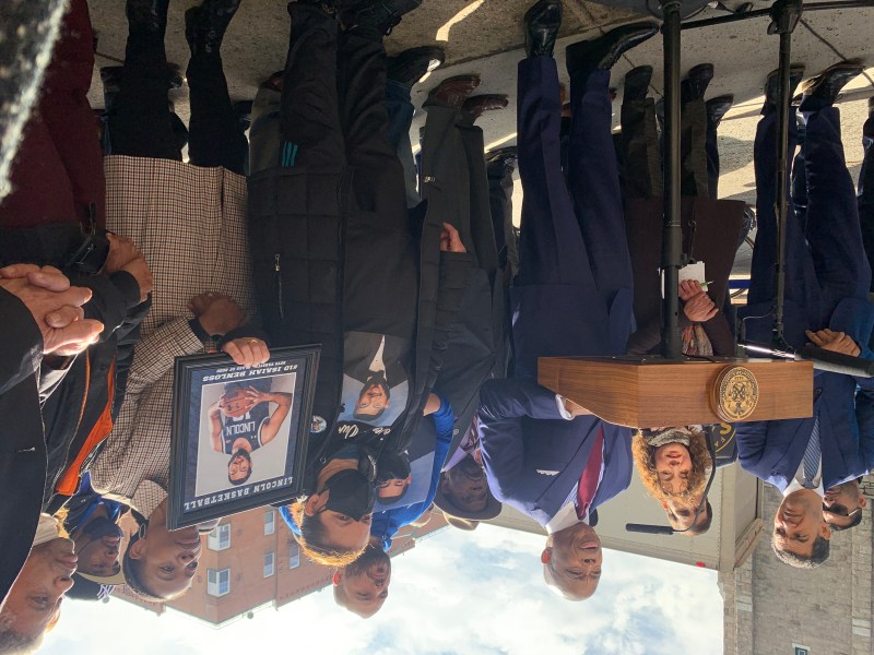 Mayor Adams (standing with the family of high school basketball star Isaiah Benloss, who was killed by a speeding driver) demanded that Albany give him control over city speed cameras and speed limits. Photo: Gersh Kuntzman