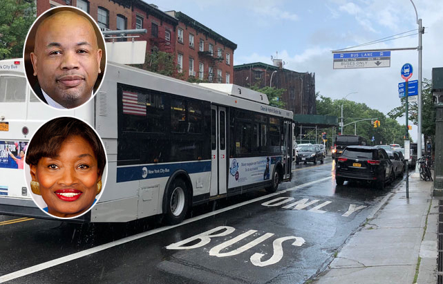 Assembly Speaker Carl Heastie and Senate Majority Leader Andrea Stewart-Cousins won't fight blocked bus lanes. File photo: Gersh Kuntzman