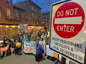 Our photographer tried to get artsy with his shot of Tuesday night's pro-open street rally in Fort Greene. Photo: Gersh Kuntzman