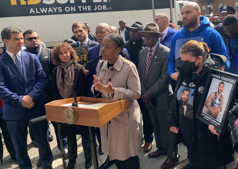 Rita Joseph speaking at a rally in support of expanding the city's speed camera program in March 2022. Photo: Gersh Kuntzman