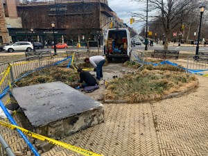 Parks Department workers were repairing the monument on Monday, after a driver left a trail of wreckage. Photo: Gersh Kuntzman