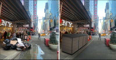 Side-by-side, before-and-after renderings show what a trash enclosure will look like at 41st Street and Seventh Avenue. The Times Square Alliance is set to install such an enclosure there and in the street at 43rd and Eight Avenue on April 18. Images: CITIBIN