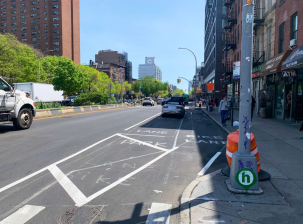 The Houston Street bike lane was being striped earlier this month. Photo: Bike NY