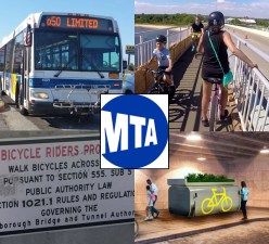 A montage of MTA bike stuff (from top left corner): A rare bus with a bike rack, a traffic jam on the substandard Marine Parkway Bridge, the Oonee mini at Grand Central and a sign on the Triboro Bridge.
