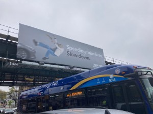 The new billboard above several congested lanes of traffic on Pennsylvania Avenue in East New York. Photo: Julianne Cuba