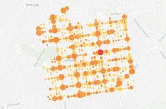 Every dot in this photo represents a crash in 2019 in Midwood, a tiny neighborhood with roughly five crashes per day. Photo: Crashmapper