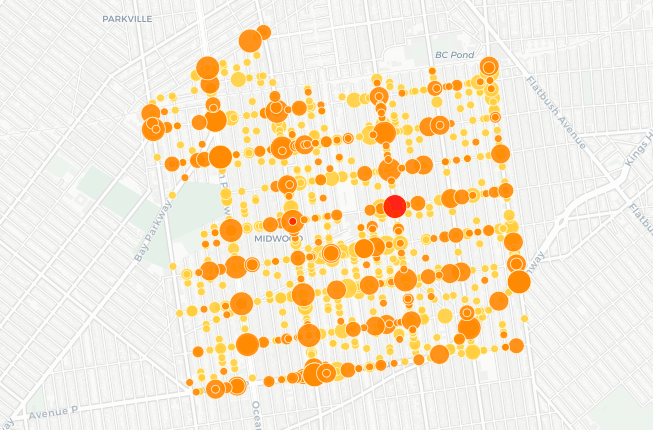 Every dot in this photo represents a crash in 2019 in Midwood, a tiny neighborhood with roughly five crashes per day. Photo: Crashmapper