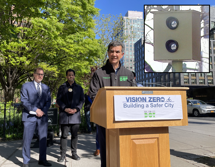 DOT Commissioner Ydanis Rodriguez and a friend (plus Manhattan Borough President Mark Levine and TA Executive Director Danny Harris in the background). Photo: Dave Colon