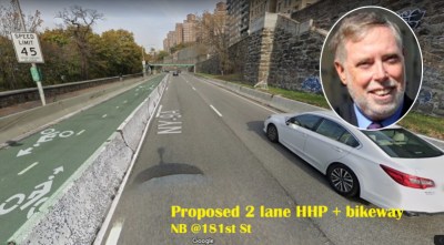 Sam Schwartz hovers over a rendering of what an HHP bike lane could look like. Image: Inwood Owners Coalition