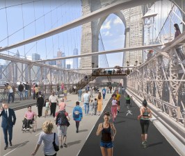 Looking west on the new car-free Brooklyn Bridge. In the background are new wooden platforms between the stone piers, where visitors can go up and down between the old roadways and the elevated walkway. The decks provide flexible space for seating, food carts, exhibits, and the like. Rendering: Zeke Mermell