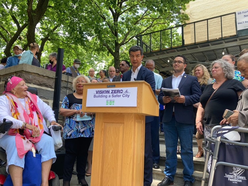 NYC DOT Commissioner Ydanis Rodriguez outside an Upper Manhattan senior center on Tuesday. Photo: Julianne Cuba