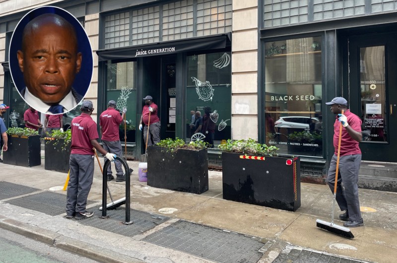 Workers clean up blood off the sidewalk on Broadway one day after a cab driver ran over three pedestrians, seriously injuring them. Meanwhile, Mayor Adams (inset) said he won't pedestrianize Broadway. Photo: Noah Martz