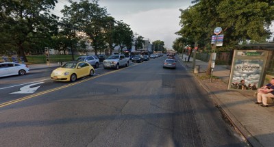 There are multiple reasons why a pedestrian would cross Flatlands Avenue "mid-block": there's no crosswalk, there is a bus stop, there is a park, and there is a school. Photo: Google