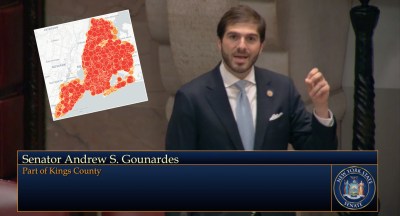 That's Sen. Andrew Gounardes before his speed camera bill passed. (Inset) All the crashes in New York City since 2014.