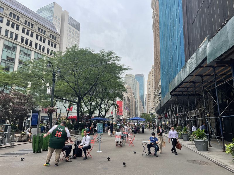 Some blocks of Broadway are pedestrianized, like this one in Herald Square, but many are not. Some Manhattan officials want the DOT to connect the dots. Photo: Noah Martz