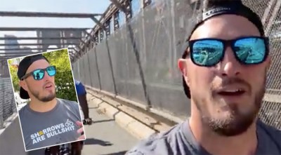 Mayor John Bauters on the Brooklyn Bridge and with his beloved t-shirt (inset).