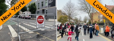 A school street in New York vs. one in London. Photo: Jesse Coburn (left), Sam Balto (right)