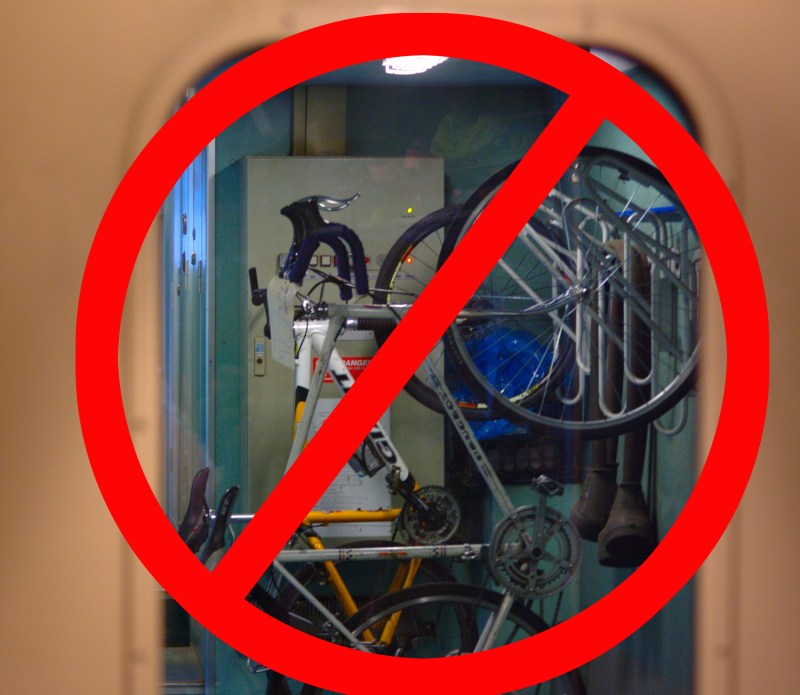 Bikes on a rack on an Amtrak train in the Pacific Northwest. Photo: Will Value with help from the Streetsblog Photoshop Desk