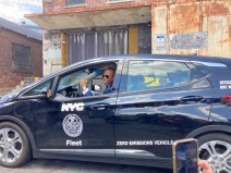 Mayor Adams in a city vehicle on Thursday, testing new technology that prevents speeding. Photo: Julianne Cuba