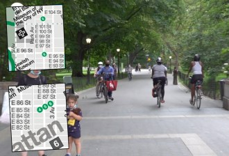 Cyclists in Central Park have to use pedestrian paths because (inset) there are no crosstown routes. File photo: Clarence Eckerson Jr.