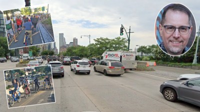 Crowded conditions on the Hudson River Greenway — and the need to get the U.S. off of cars — is part of the reason why Manhattan Borough President Mark Levine (inset) wants the state to remove a lane from West Street.