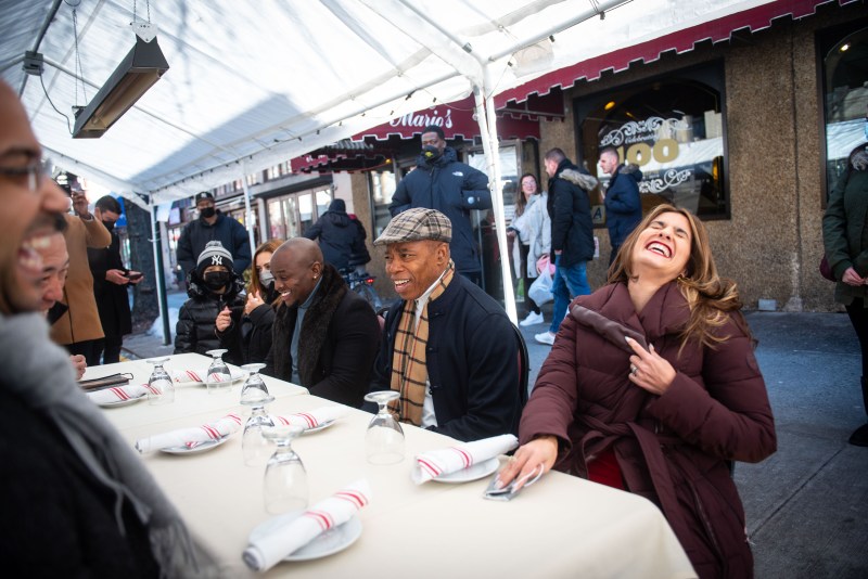 Mayor Adams (with a laughing Council Member Marjorie Velázquez and other council members on February 6, 2022. Michael Appleton/Mayoral Photography Office