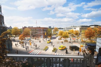 Among the livable-street improvements the Meatpacking BID is proposing is a simplified intersection at 14th Street and 10th Avenue with safety infrastructure for all users. Rendering: Meatpacking BID
