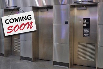 The public bathrooms at the Fulton Street subway complex in Lower Manhattan is among eight stations that will have the facilities reopened in January 2023. Photo: Kevin Duggan with the Streetsblog Photoshop Desk