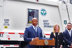 Mayor Adams (with Sanitation Commissioner Jessica Tisch and Council Member Shaun Abreu) announced a fairly big deal to end the all-night rat buffet (though not create more space for pedestrians). Photo: Kevin Duggan