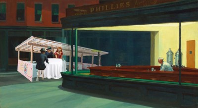 If outdoor dining had been a thing back in the sad 1940s, maybe Edward Hopper's classic painting, "Nighthawks," would have turned out different. Photo: The Streetsblog Photoshop Desk