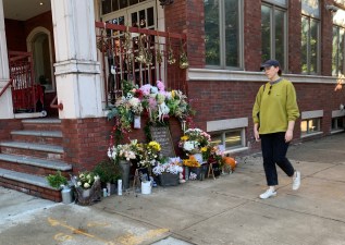 The memorial for Baby Apolline is actually on the block that would have been turned into a one-way slow street, but is back to being a two-way car sewer. File photo: Gersh Kuntzman