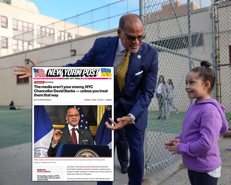 David Banks with a friend (and not a friend). Photo: NYC Mayor's Office