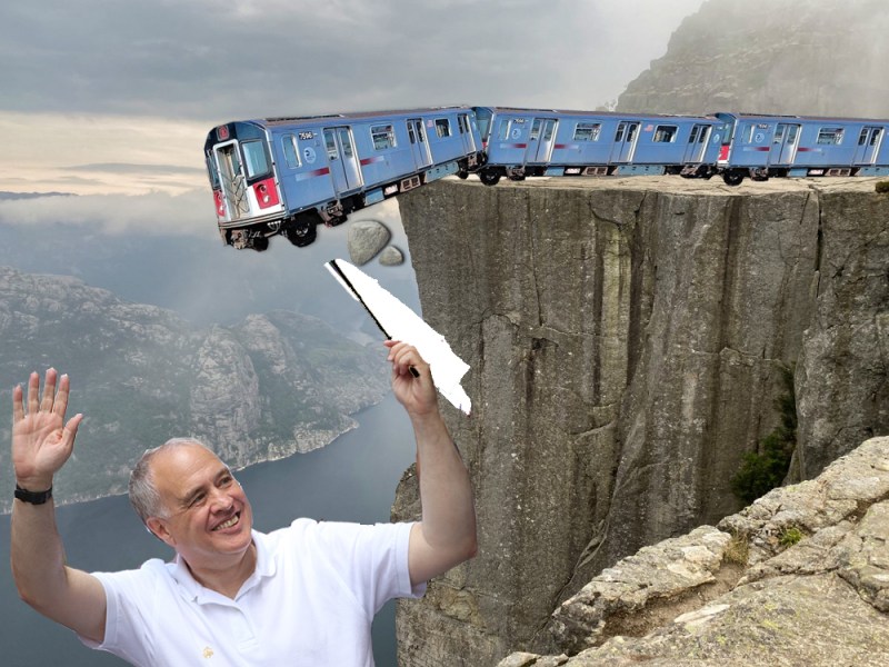 Tom DiNapoli isn't waving the white flag just yet, but his fiscal report holds bad news for transit fans. Photo: The Streetsblog Photoshop Desk