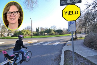 That's NHTSA Acting Administrator Ann Carlson pushing the Idaho Stop. Photo: Jonathan Maus with the Streetsblog Photoshop Desk