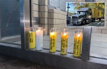Memorial candles burnt in the entrance of the Bridge Street building where Kala Santiago lived with her mother before she was killed by a truck driver on Wednesday. Photos: Gersh Kuntzman and Dave Colon (inset)